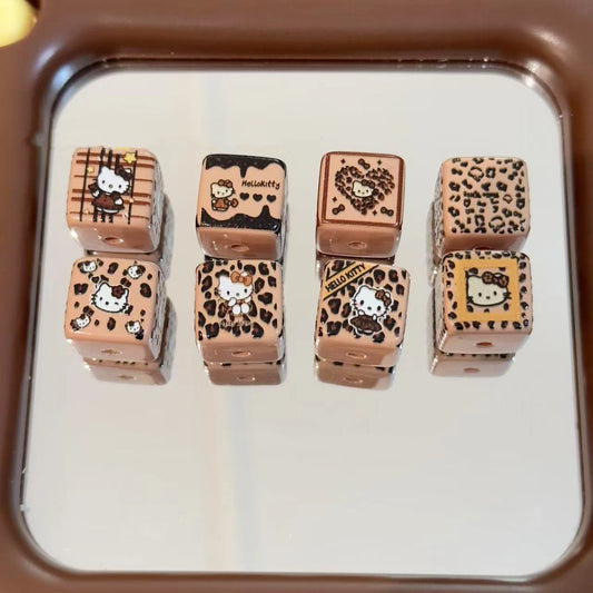 Square Acrylic Beads 14mm Coffee Leopard Print Hello KT 10pcs