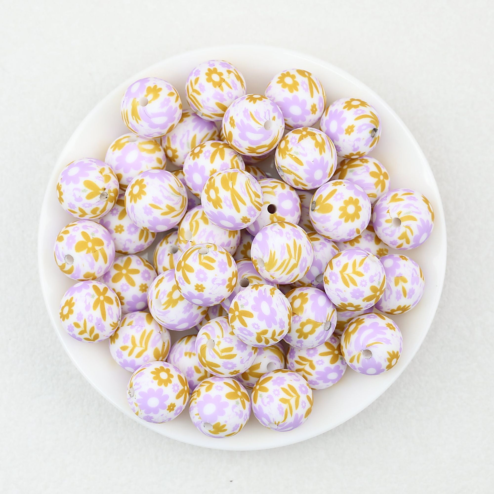 15mm Floral Printed Round Silicone Beads Detailed Design 50pcs - Gear Flower
