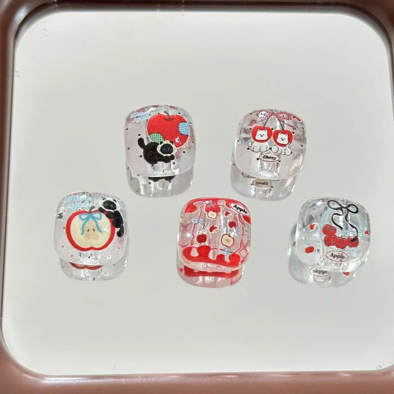 Transparent Square Acrylic Beads 16mm Apple and Kitten Printed 10pcs