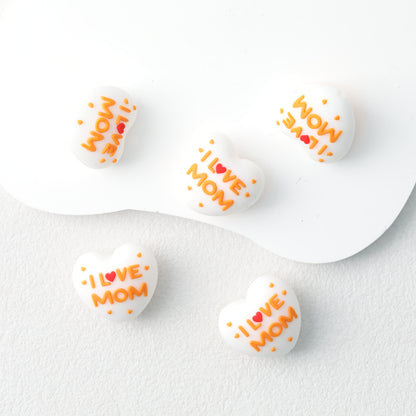 I Love Mom Heart 3D Silicone Focal Beads White Orange Red 20pcs