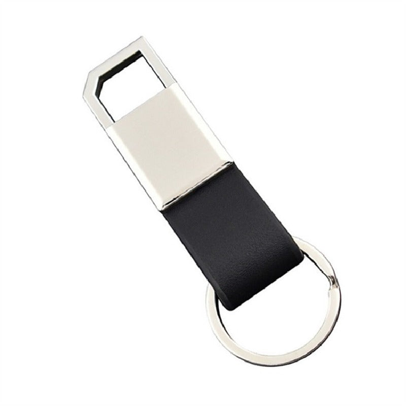 Leather Bevel Pull Ring Keychain Black PU Leather Minimalist Design