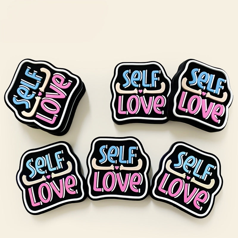 Silicone Focal Beads Self Love Colorful Lettering Black Background 20pcs