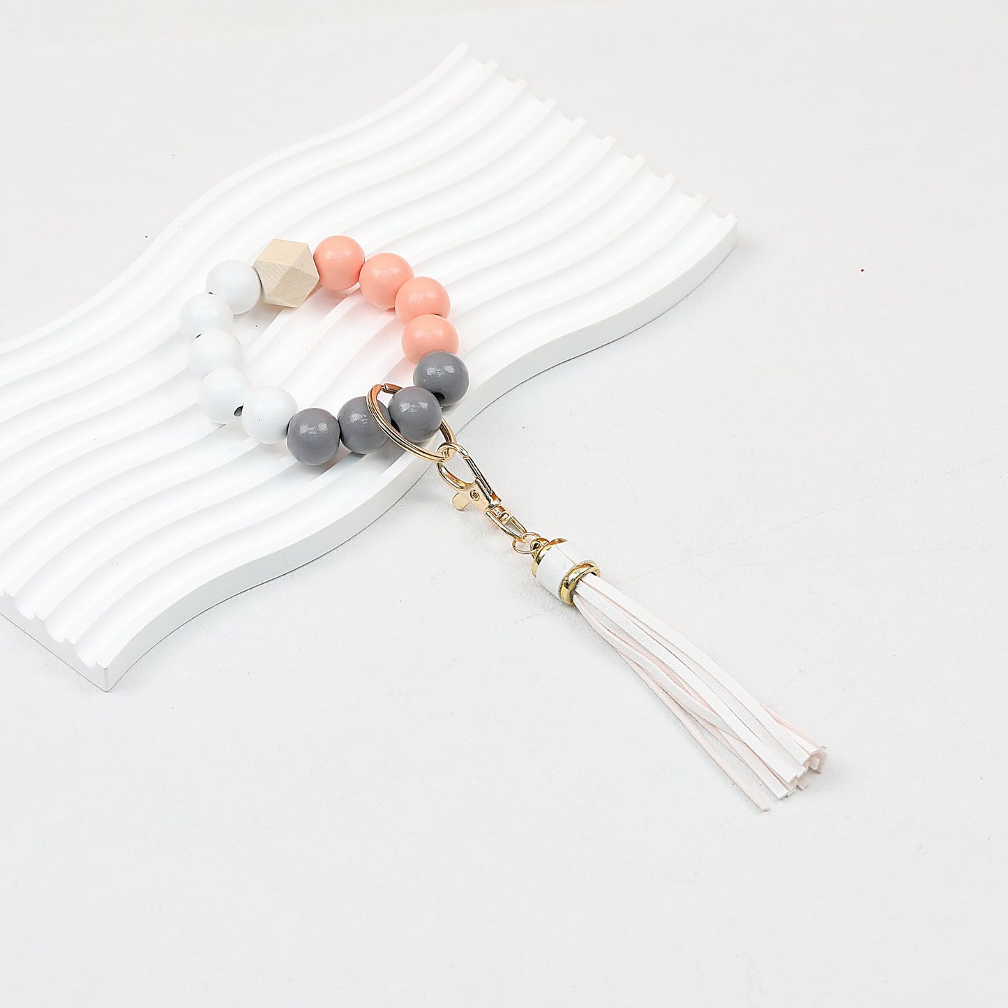 Tassel Wooden Beaded Keychain with PU Leather Tassel 23x10cm - white