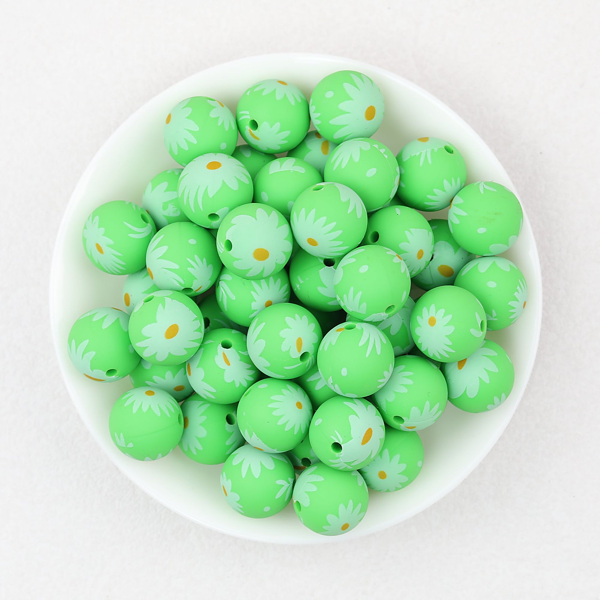 15mm Pink and Green Daisy Printed Silicone Beads 50pcs - Green Daisy