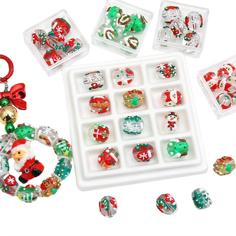 Hand Drawn Christmas Glass Beads 14mmx16mm Holiday Focal Beads