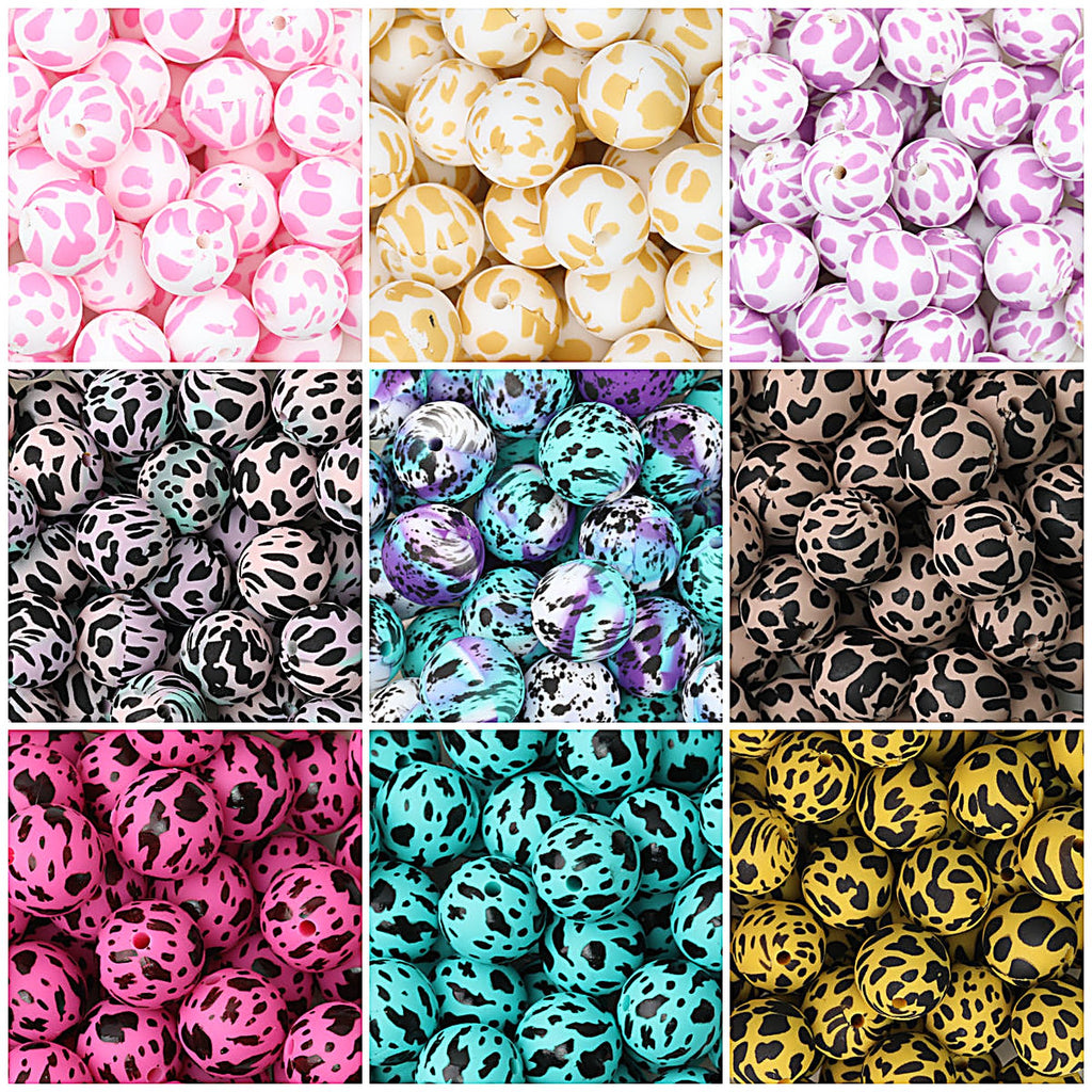 15mm Cow PPrinted Round Silicone Beads Colorful Spots 50pcs