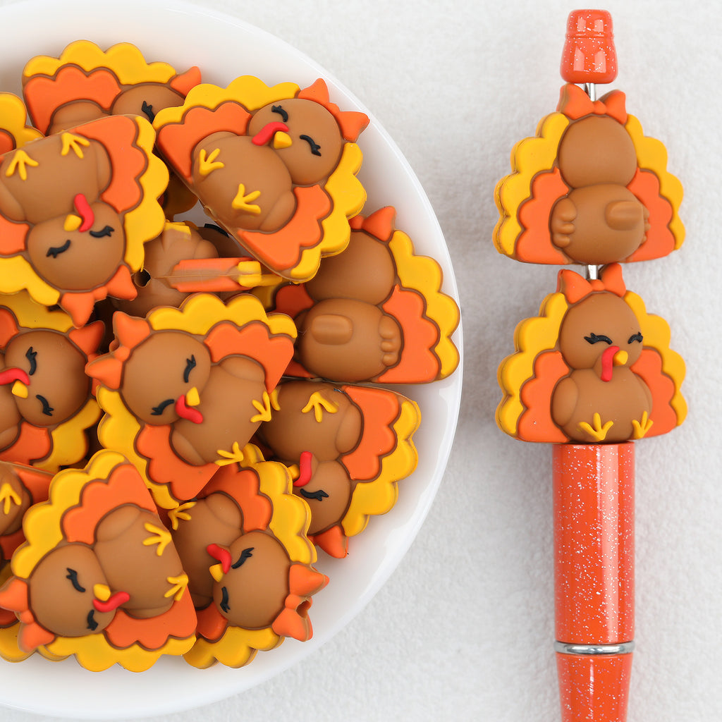 3D Turkey Silicone Focal Beads Wholesale, Thanksgiving Brown Orange Yellow Design