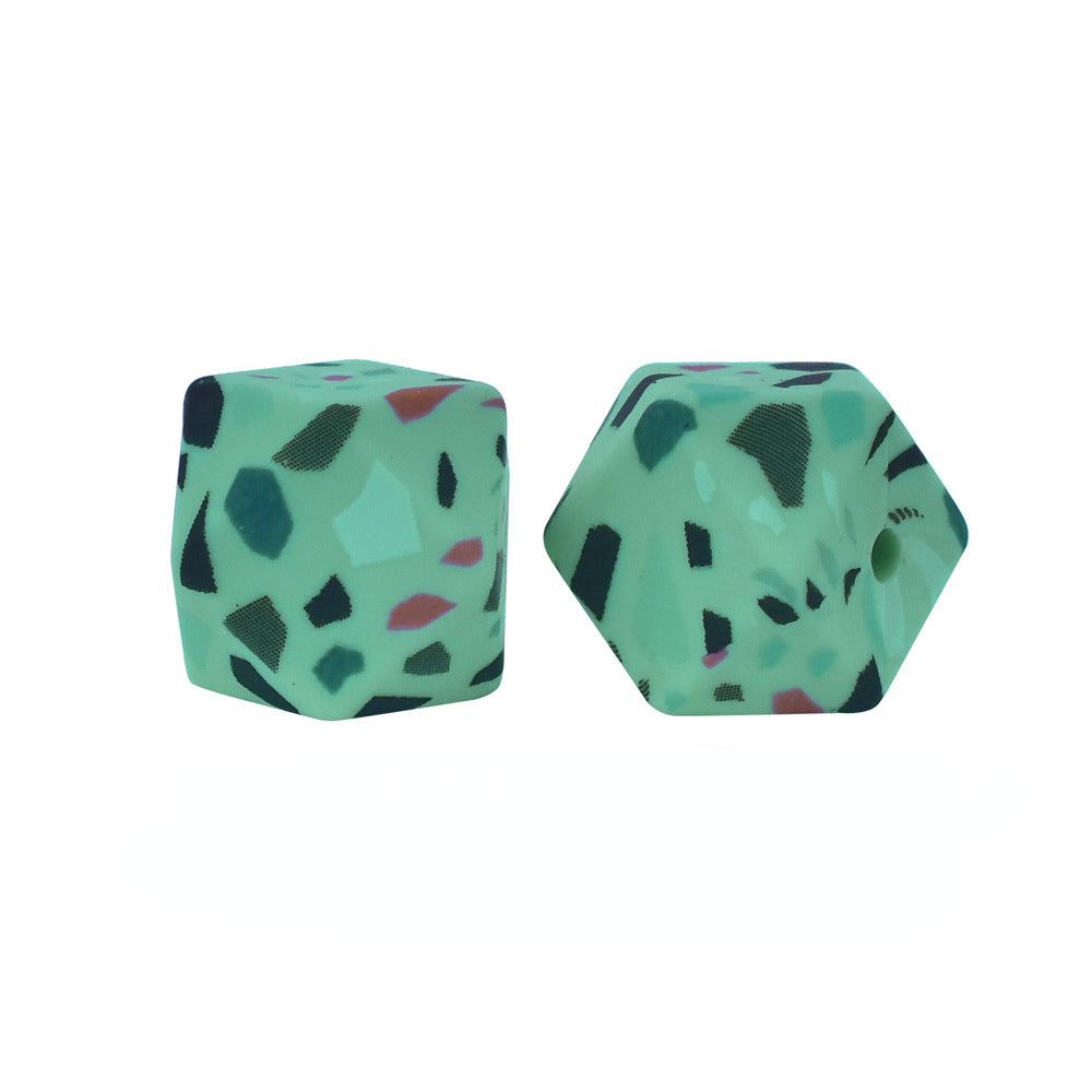 14mm Hexagon Silicone Beads Printed Camouflage Leopard Design 50pcs