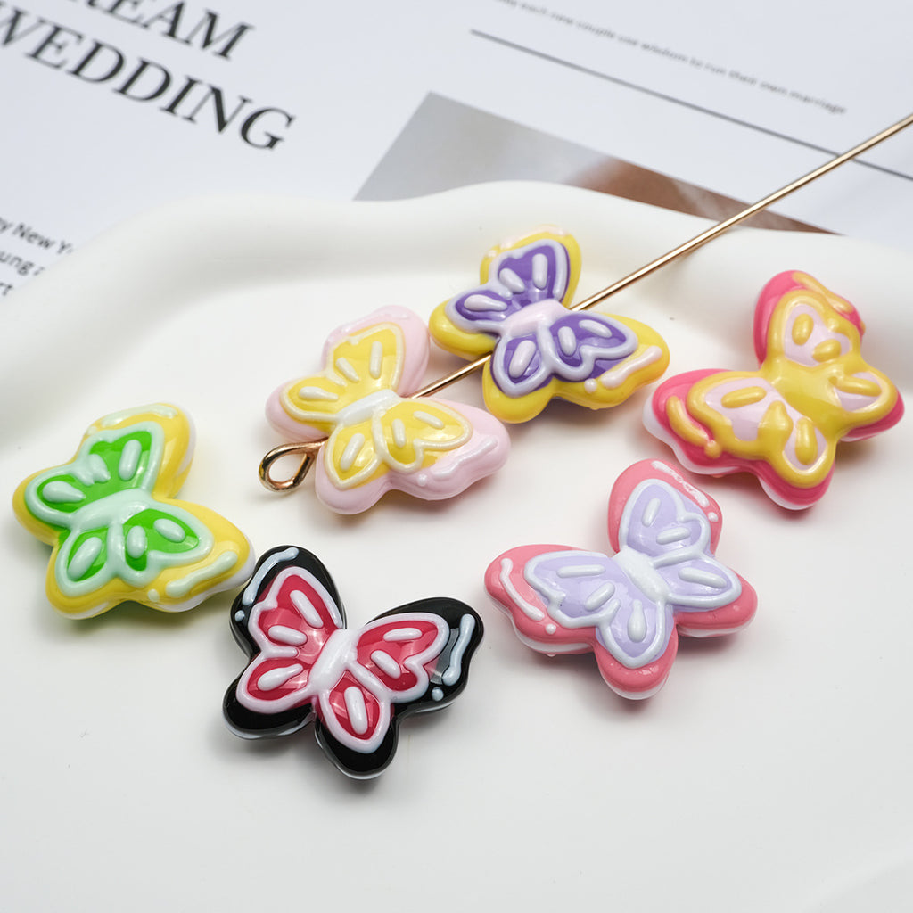 Hand Painted Butterfly Acrylic Beads 35mm Cream Double Color 6pcs