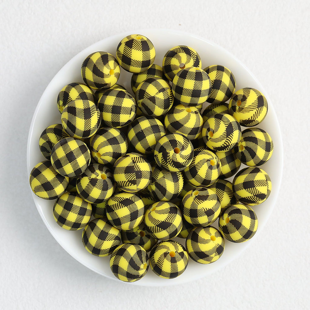 15mm Checkered Pattern Priented Round Silicone Beads Multi Color 50pcs - Orange White