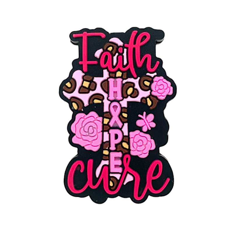 Silicone Focal Beads Faith Hope Cure Cross Pink Leopard Print 20pcs