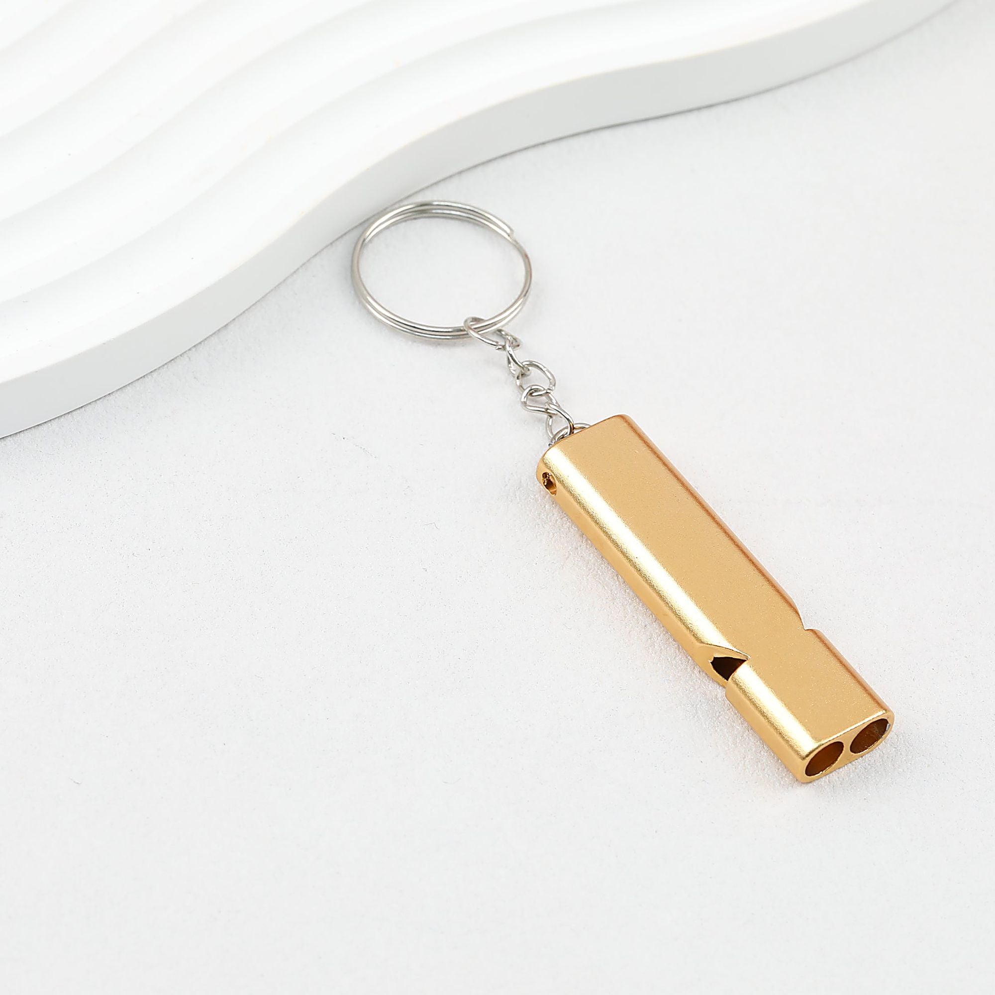 Survival Whistle Keychain Flat Aluminum Alloy Double Tube Self Defense - Gold