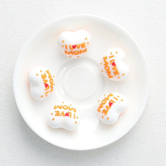 I Love Mom Heart 3D Silicone Focal Beads White Orange Red 20pcs 2