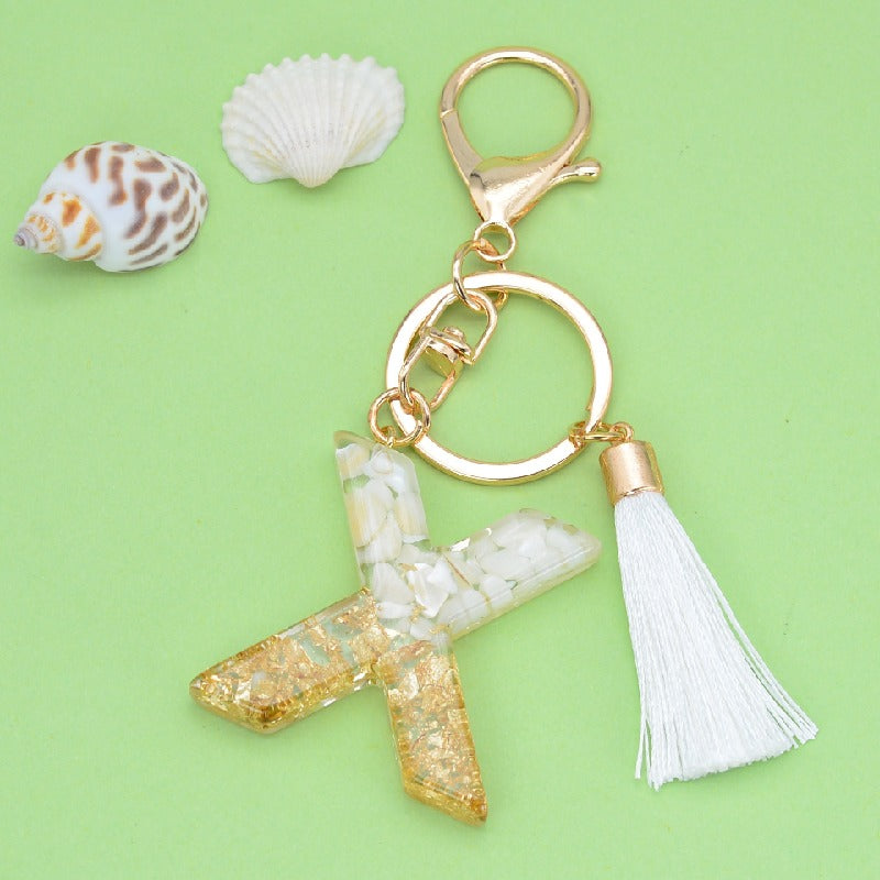 Tassel Letter A Keychain Resin Gold Flakes White Tassel 27