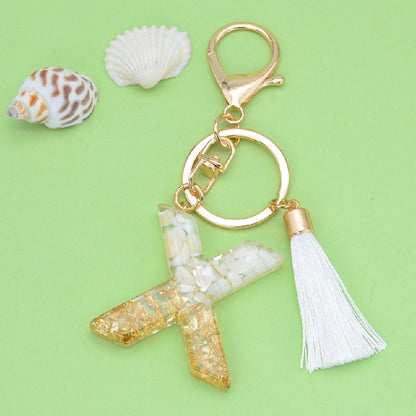 Tassel Letter A Keychain Resin Gold Flakes White Tassel 27