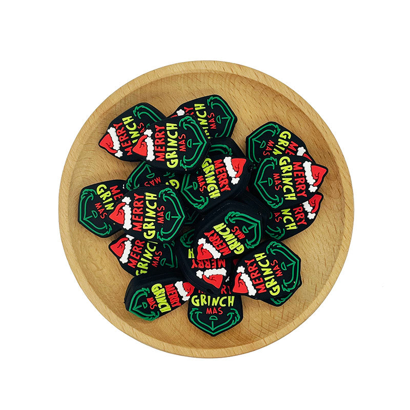 Silicone Focal Beads Merry Grinchmas Holiday Text with Santa Hat 20pcs 2