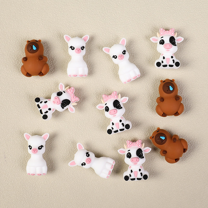 3D Animal Silicone Focal Beads Llama Cow Capybara 20pcs 2
