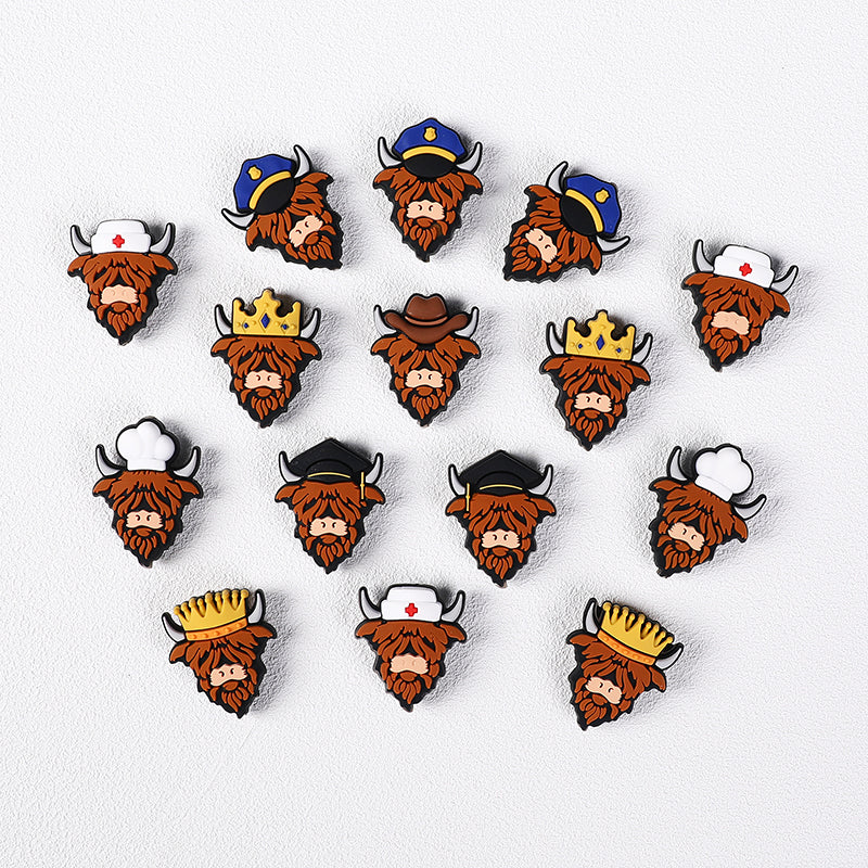 Silicone Focal Beads Highland Cattle Wearing Police Hat Crown 20pcs 4