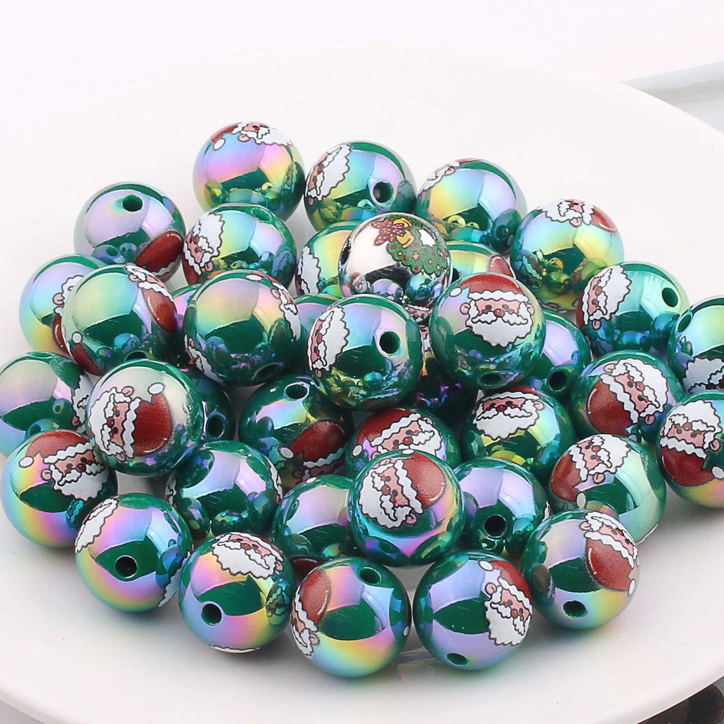 UV Plating Acrylic Beads 16mm Christmas Wreath and Reindeer Printed 20pcs 6