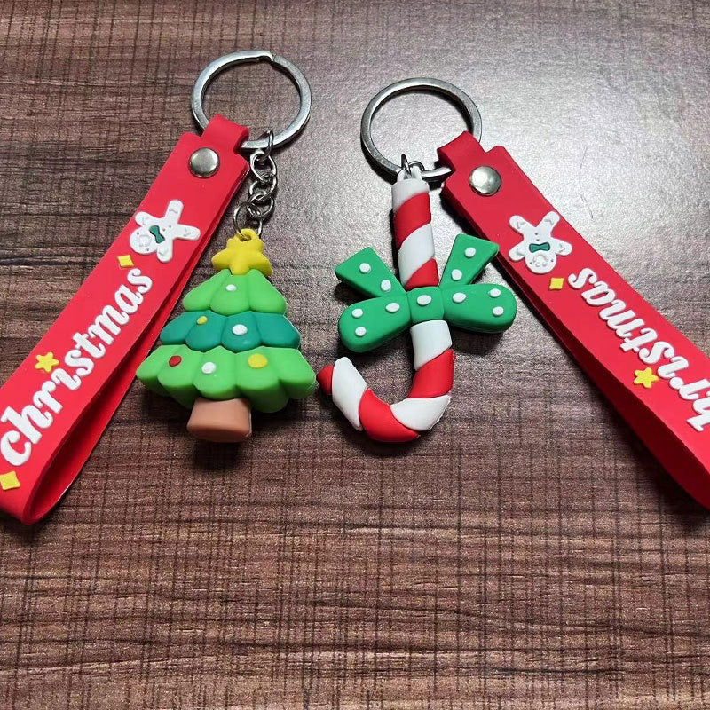 Soft Rubber Christmas Tree and Santa Claus Keychain with Red Strap 2