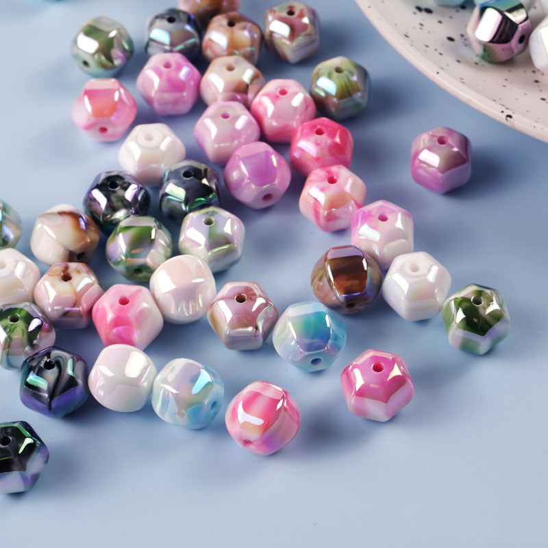 Plating Hexagonal Acrylic Beads 15.8mm Cloud Gradient Color 50pcs