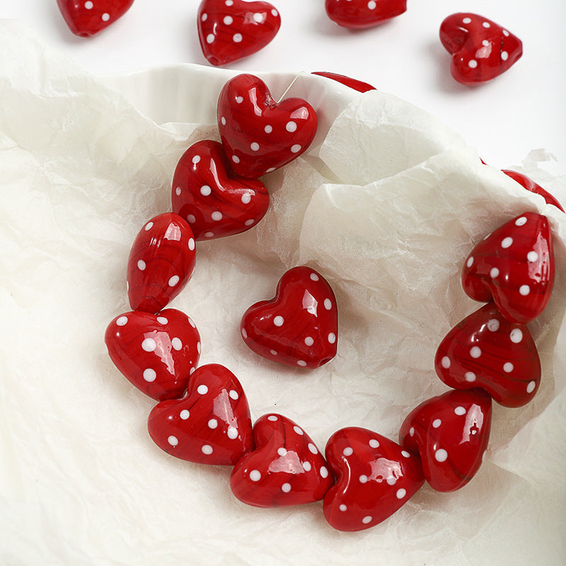 Red Heart Polka Dot Glass Beads 20mm 10pcs 2