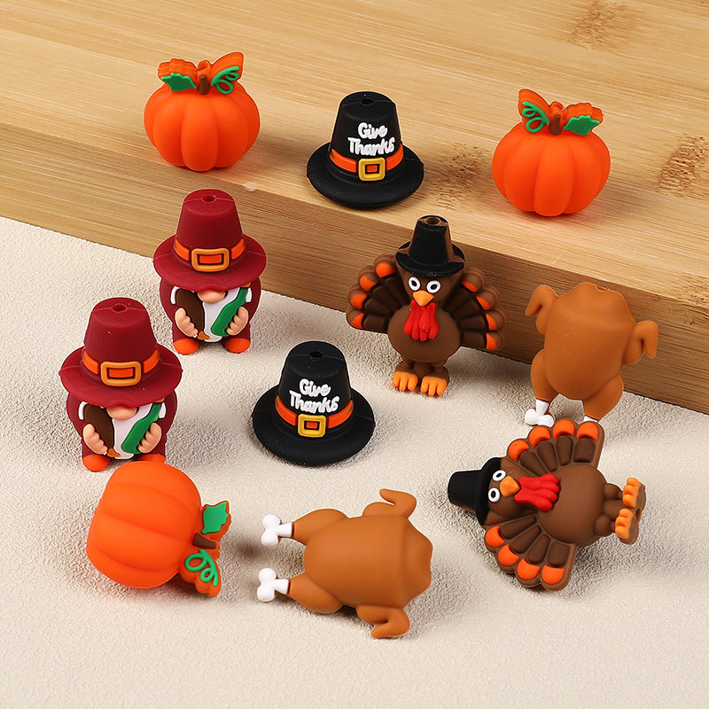 Silicone 3D Focal Beads Thanksgiving Pumpkins Give Thanks Hat 20pcs