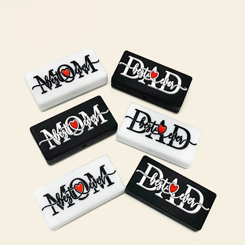 Silicone Focal Beads Love Dad Or Mom Rectangular Black White 20pcs
