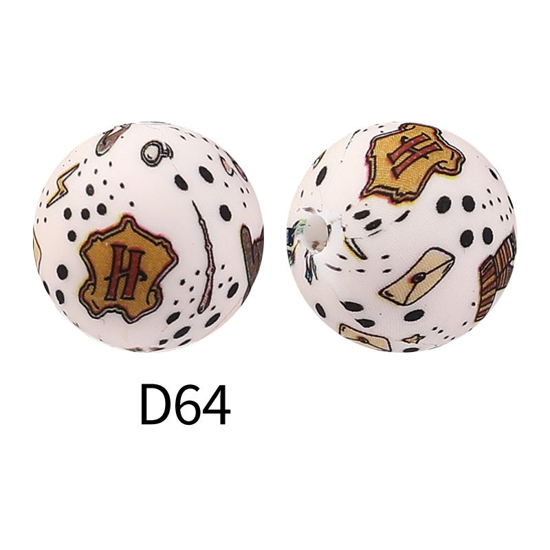 50Pcs 15mm Colored pattern printed silicone beads 66