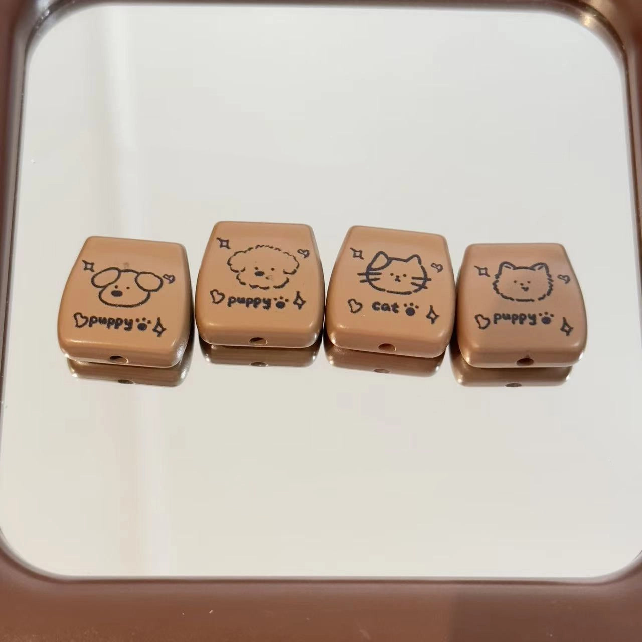 Square Acrylic Beads 20mm Puppy and Cat Coffee Brown 10pcs