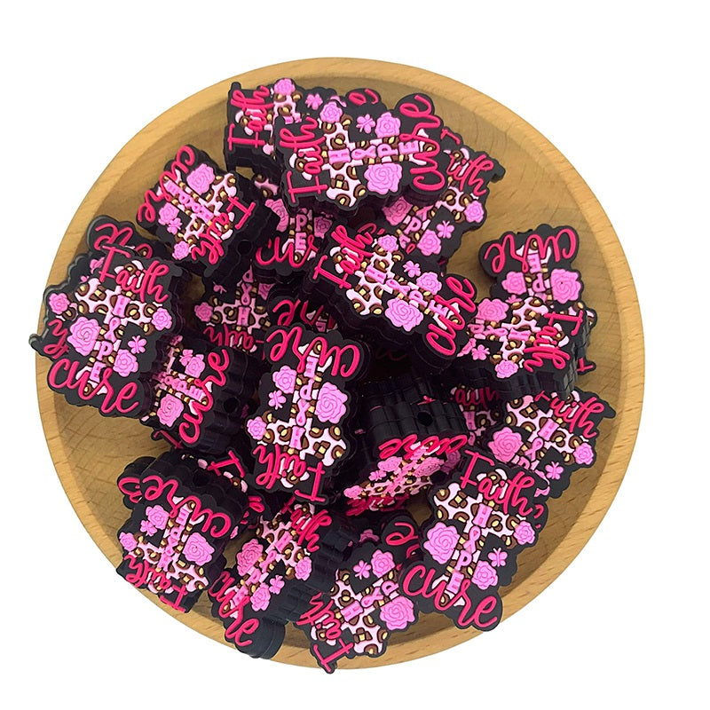 Silicone Focal Beads Faith Hope Cure Cross Pink Leopard Print 20pcs 2