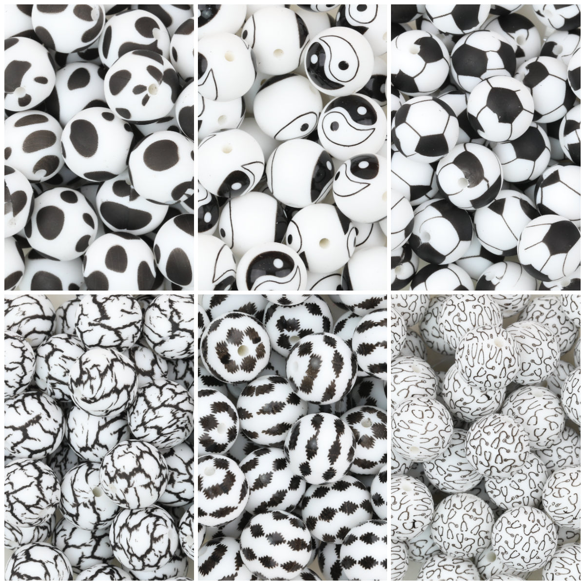 15mm Black and White Patterned Silicone Round Beads 50pcs