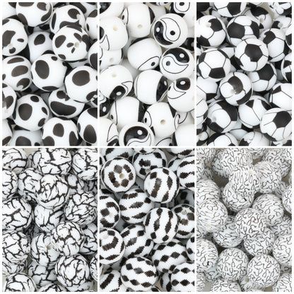 15mm Black and White Patterned Silicone Round Beads 50pcs