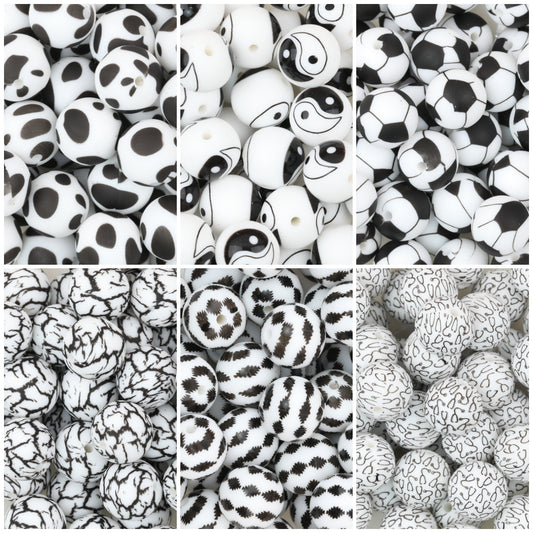15mm Black and White Patterned Silicone Round Beads 50pcs
