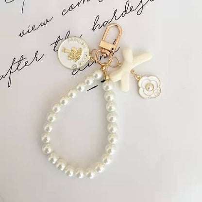 Pearl Beaded Bow Round Charm Keychain Plastic Resin Material 6