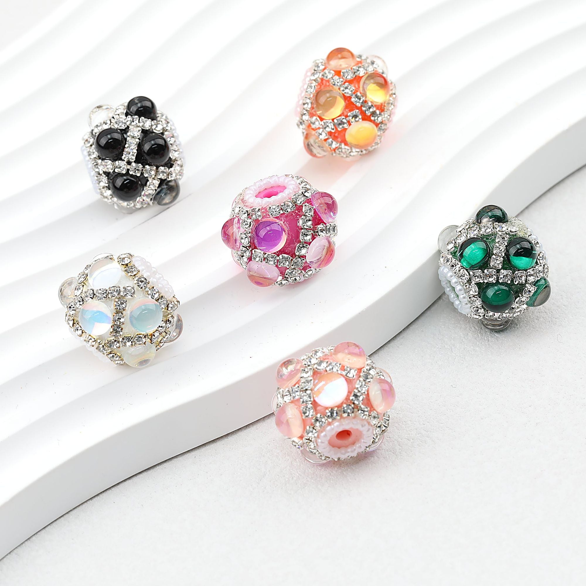 Vintage Cat Eye Acrylic Beads Rhinestone Embellished 22mm 10pcs