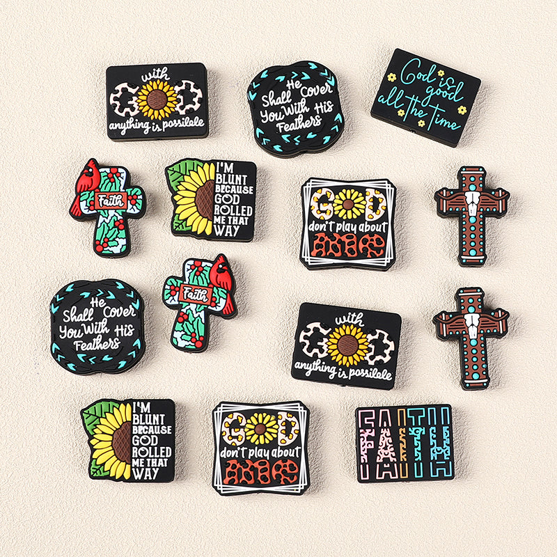 Silicone Focal Beads Jesus Faith Cross With Holly Cardinal 20pcs 11