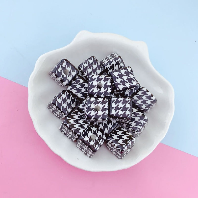 Houndstooth Square Acrylic Beads 16mm Colorful Pattern 10pcs 6