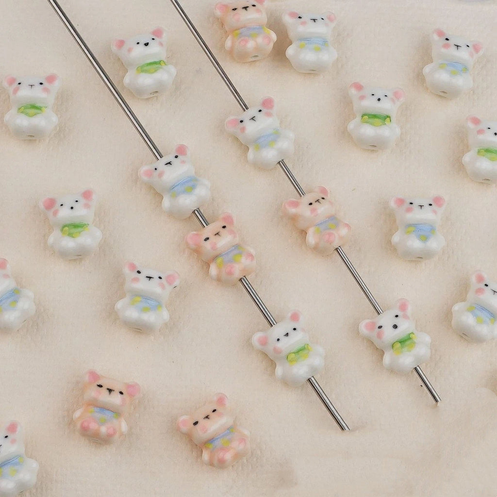 Hand Painted Bear Ceramic Beads 17mm Multicolor 2pcs