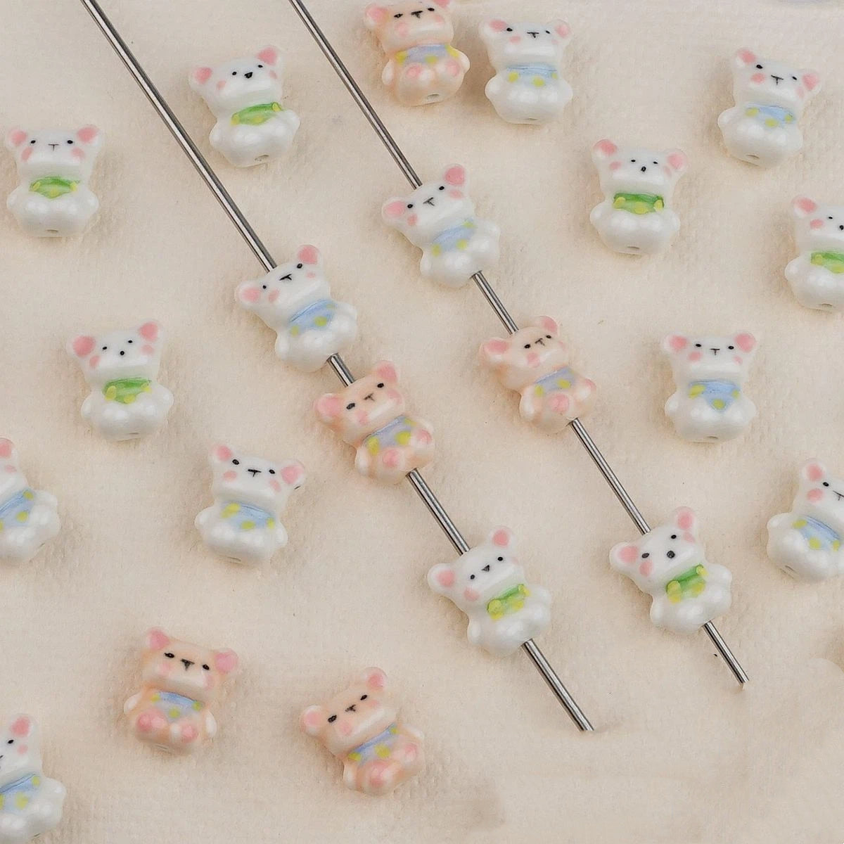Hand Painted Bear Ceramic Beads 17mm Multicolor 2pcs