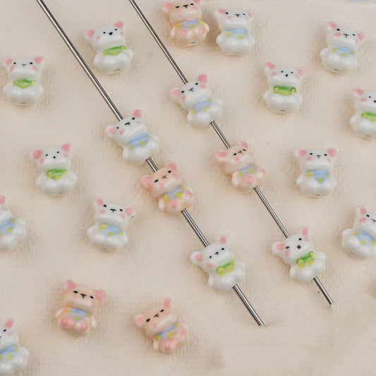 Hand Painted Bear Ceramic Beads 17mm Multicolor 2pcs