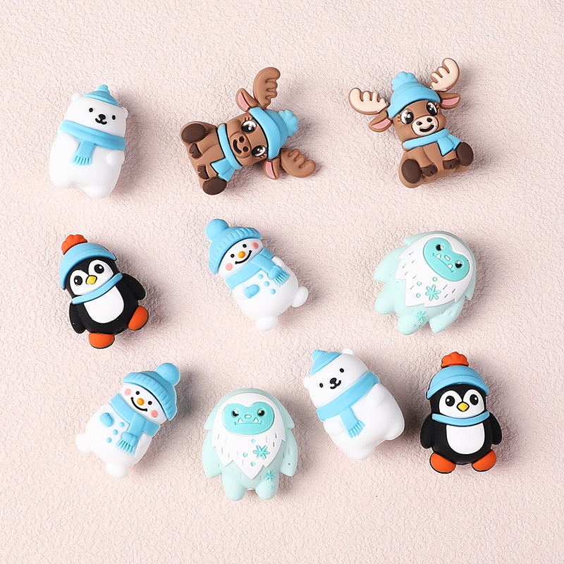 Silicone 3D Focal Beads Winter Theme Polar Bear Snow Monster Wearing Hats 20pcs 3
