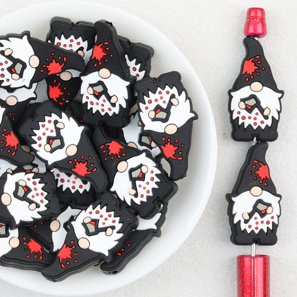 Flat Axe Gnome Silicone Focal Beads Wholesale, Halloween Black White Red Design