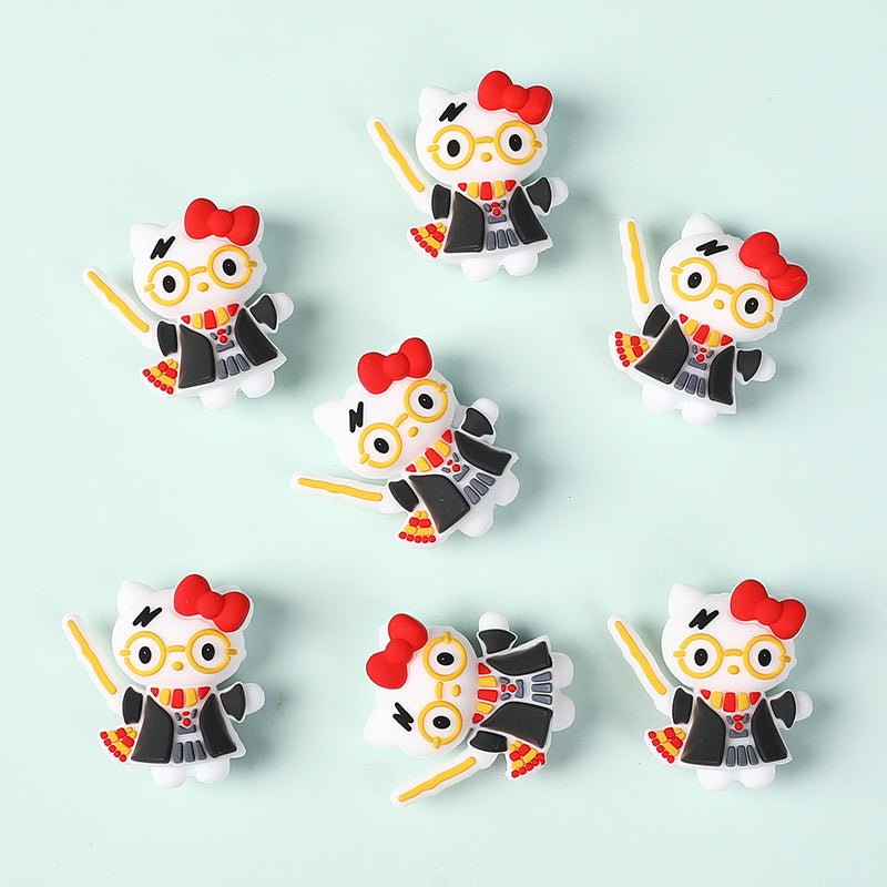 Silicone 3D Focal Beads Harry Potter KT Cat Wearing Red Bow 20pcs 2