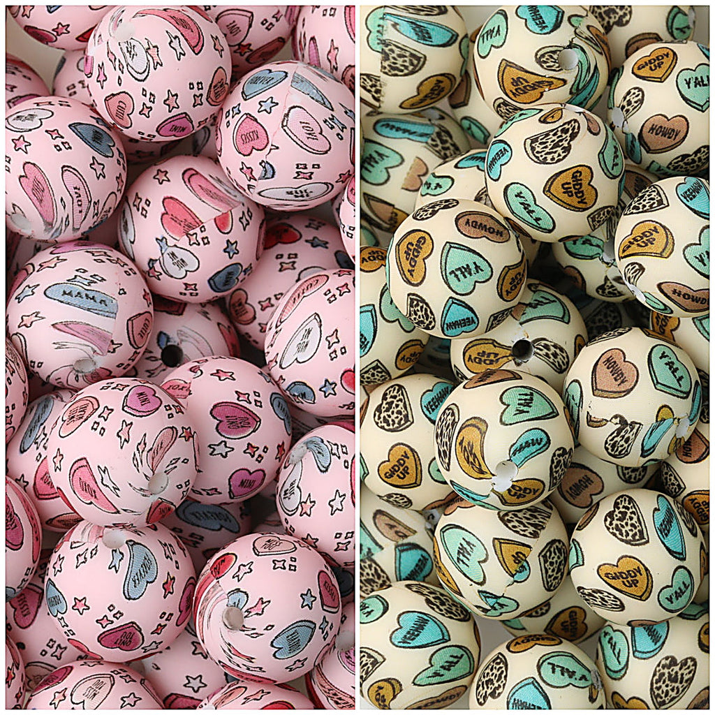 Valentine Heart Printed 15mm Printed Silicone Beads 50pcs