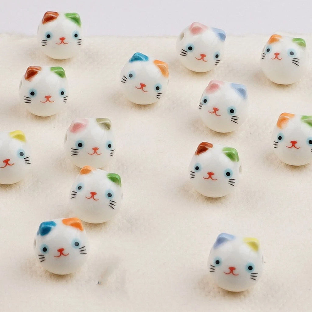 Colorful Cat Head Ceramic Beads 15mm Hand Painted 10pcs