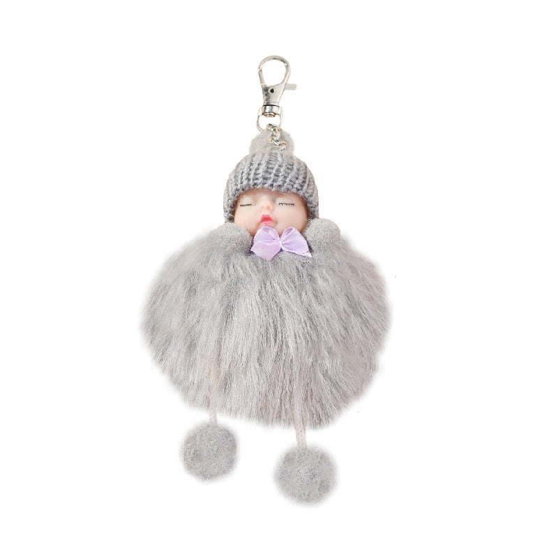 Plush Sleep Doll Keychain Soft Pom Pom Body Knitted Hat Zinc Alloy