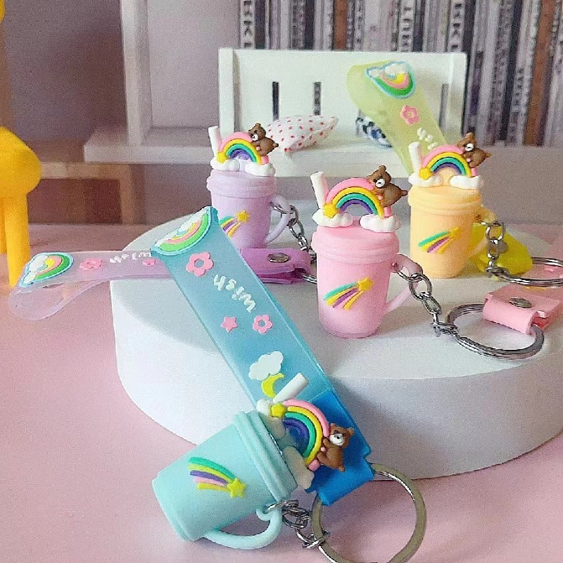 Silicone Rainbow Donut Milk Tea Bear Keychain Pastel Colors 4