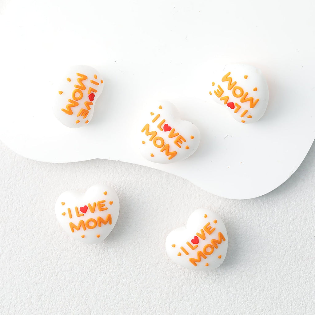 I Love Mom Heart 3D Silicone Focal Beads White Orange Red 20pcs