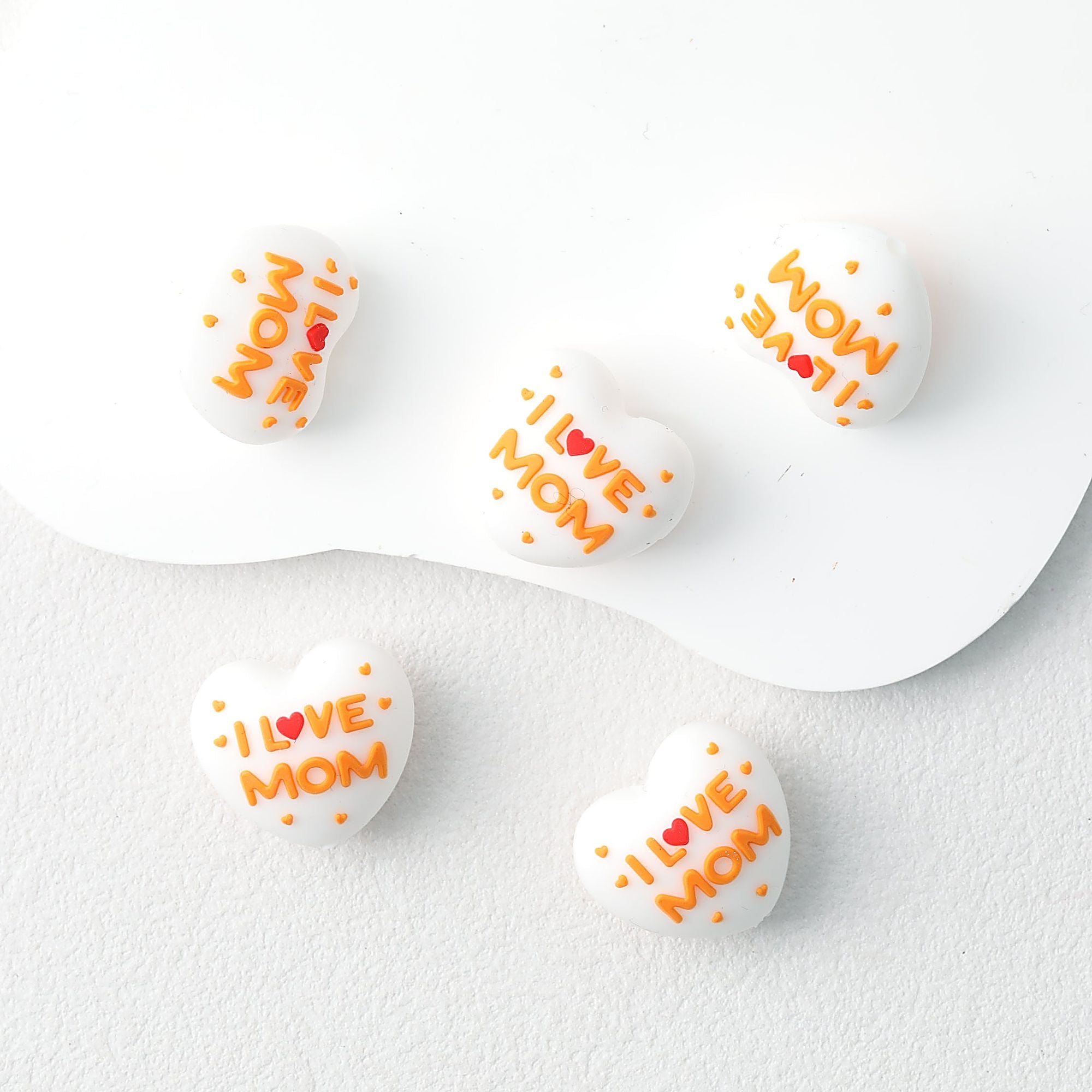 I Love Mom Heart 3D Silicone Focal Beads White Orange Red 20pcs